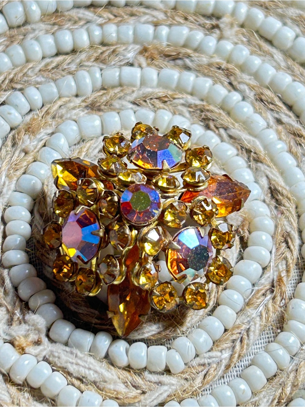 Vintage Gold-Tone Amber Aurora Crystal Floral Brooch